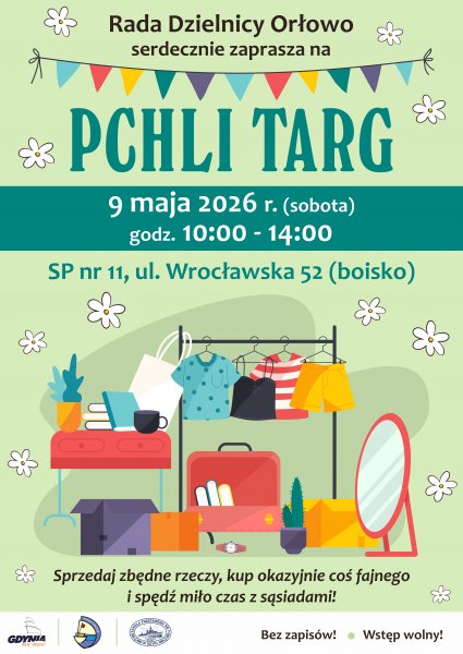 Plakat z graficznym przedstawieniem przedmiotów, które można kupić na pchlim targu.