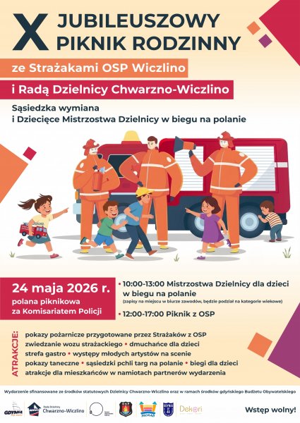 Plakat z wozem strażackim, strażakami i dziećmi.