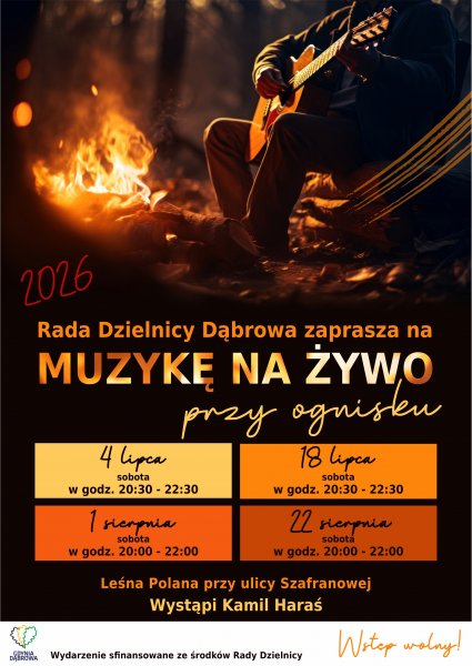 Plakat z ogniskiem i hatmonogramem koncertó na Dąbrowie.