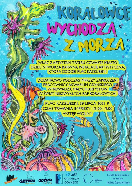 Kolorowy plakat z elementami rafy koralowej, roślin i zwierząt w niej żyjących, wraz z informacjami o organizatorze i wydarzeniu