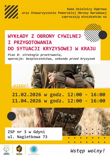 Plakat promujacy „Wykłady z obrony cywilnej i przygotowania do sytuacji kryzysowej w kraju”.