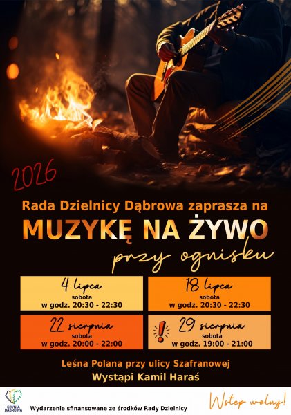 Plakat z ogniskiem i hatmonogramem koncertó na Dąbrowie.