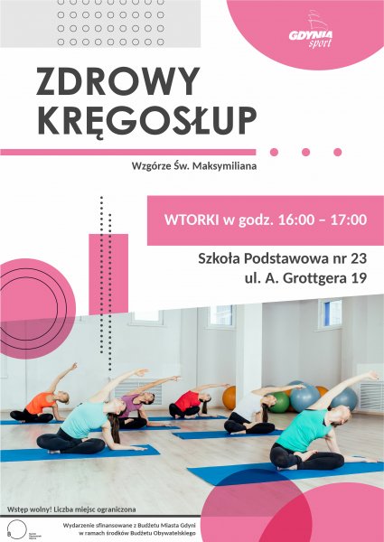 Plakat promujący zajęcia zdrowy kręgosłup na Wzgórzu Św. Maksymiliana.