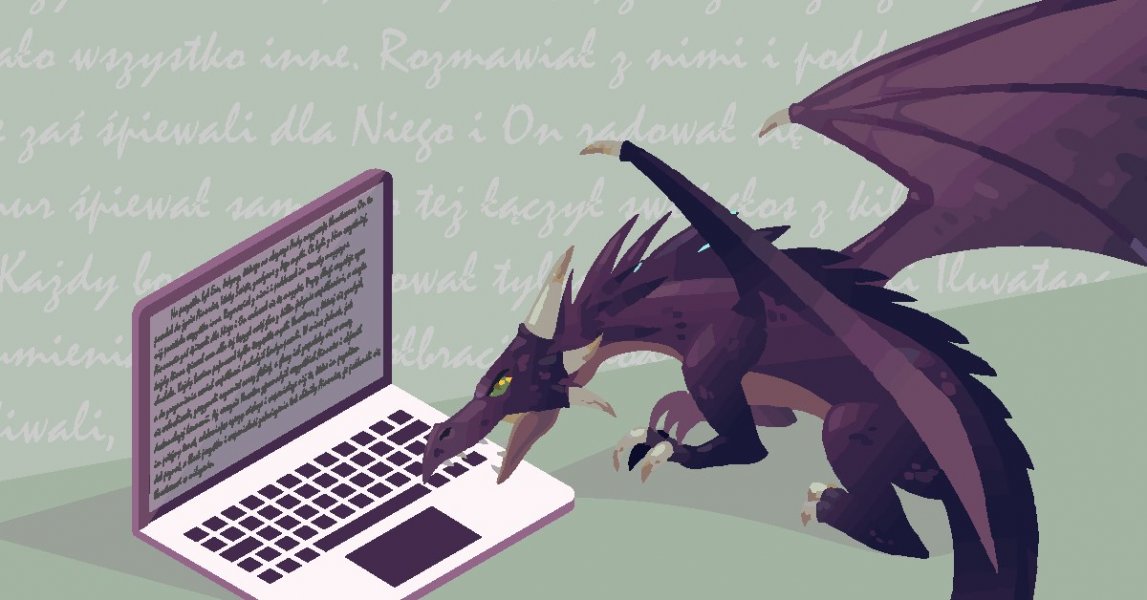 Grafika przedstawiająca fioletowego smoka znajdującego się przed biurkiem, na którym znajduje się komputer.