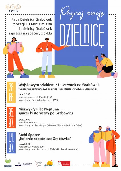Plakat z harmonogramem spaceró po Grabówku z graficznymi postaciami.