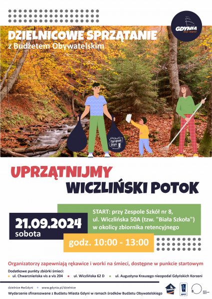 plakat promujacy sprzątanie potoku wiczlińśkiego, narysowane postaci sprzątają las