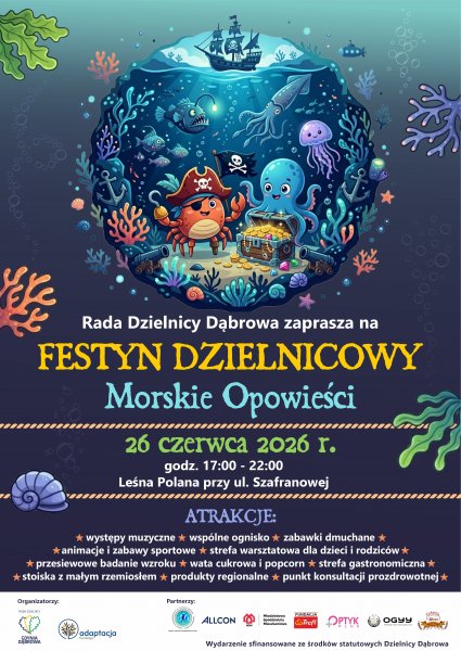 Plakat w morskim klimacie promujący piknik na Dąbrowie.