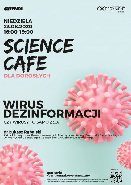 Plakat wydarzenia Science Cafe - Wirus dezinformacji. (źródło: materiały organizatora)