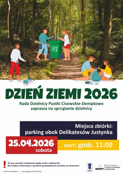 Graficzne postaci sprzątajace las.