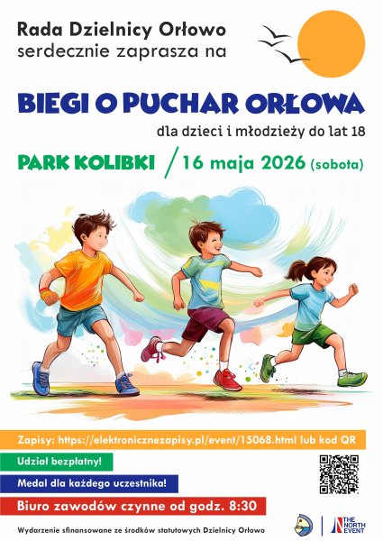 Kolorowy plakat z biegnacymi dziećmi.