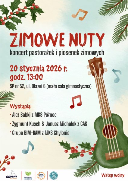 Plakat w zimowej atmosferze z gitarą.