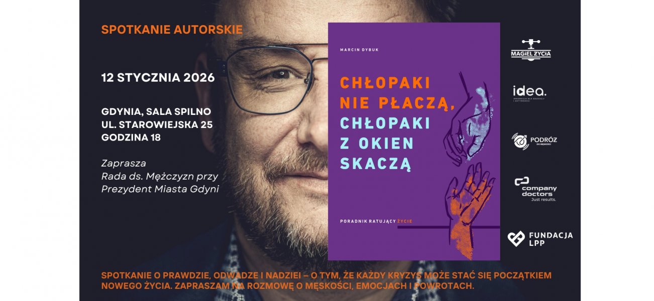 Spotkanie autorskie z Marcinem Dybukiem poświęcone książce „Chłopaki nie płaczą, chłopaki z okien skaczą” (mat. pras.)
