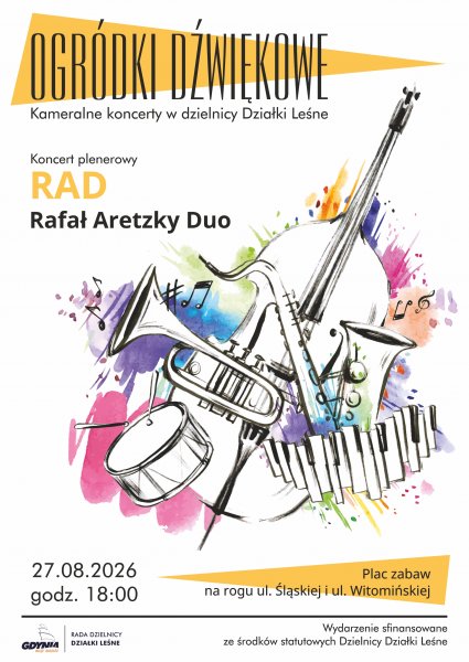 Plakat z akwarelowym przedstawieniem instrumentów muzycznych.