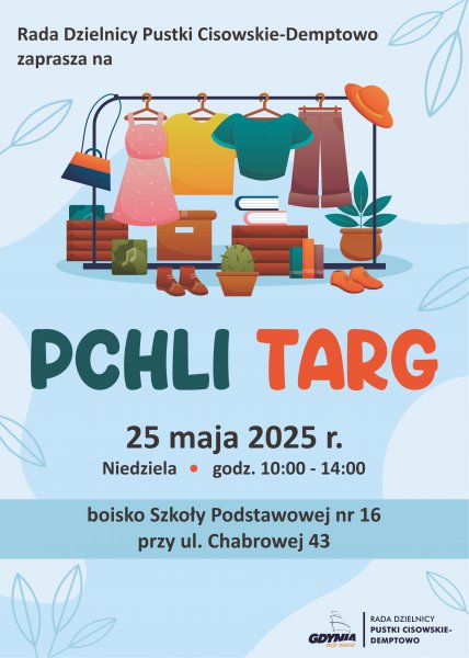Plakat z narysowanymi przedmiotami promujący Pchli Targ na Pustkach Cisowskich-Demptowie.