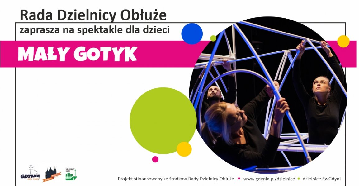 mat. promujące spektakl dla dziecina Obłużu aktorzy w metalowej konstrukcji