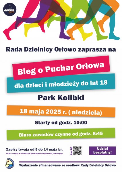 Kolorowe nogi biegaczy na plakacie promującym Bieg o Puchar Orłowa dla dzieci i młodzieży do lat 18.