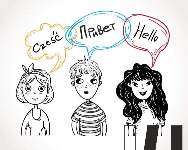 Ilustracja przedstawiająca trzy postacie mówiące w różnych językach
