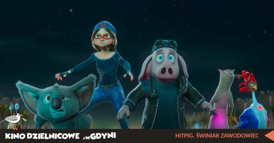 Kadr z filmu „Hitpig. Świniak zawodowiec”. Animowane postaci dziewczyna i zwierzęta stoją i patrza przed siebie.