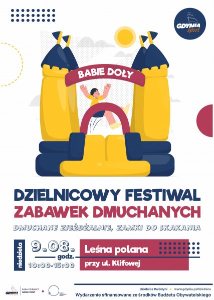 Plakat promujący festiwal na babich DOłach, z graficznym przedstawieniem chłopca skaczącego na dmuchanym zamku.