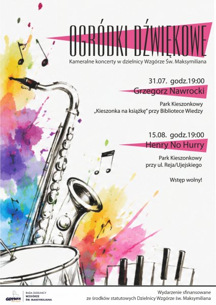 Plakat z akwarelowym rysunkiem instrumentów muzycznych i harmonogramem koncertów.
