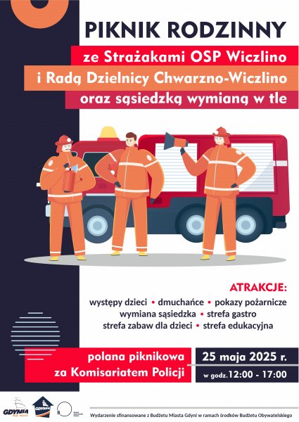 Graficzne postaci strażaków na tle wozu strażackiego. 