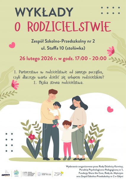 Plakat promujący wykłady o rodzicielstwie, w pastelowych kolorach, rodzice z dwójką dzieci.