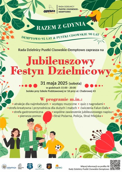 Kwiecisty plakat promujacy festyn na Pustkach Cisowskich-Demptowie.
