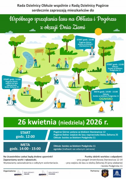 Kolorowa mapa parku z graficznymi postaciami, które go sprzątają.