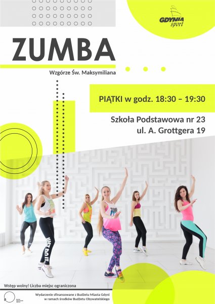 Plakat promujacy zajęcia Zumby na Wzgórzu Św. Maksymiliana.