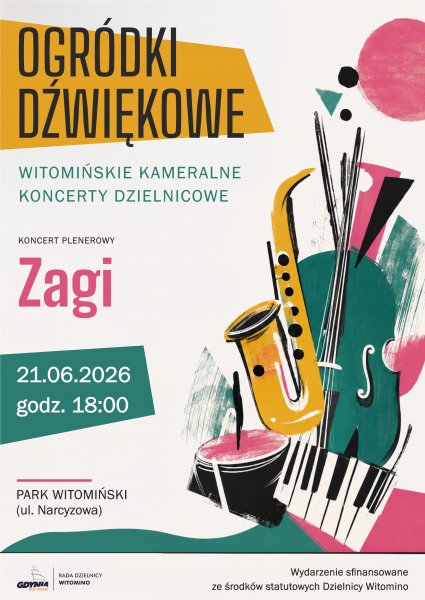 Plakat z rysunkiem instrumentów muzycznych.