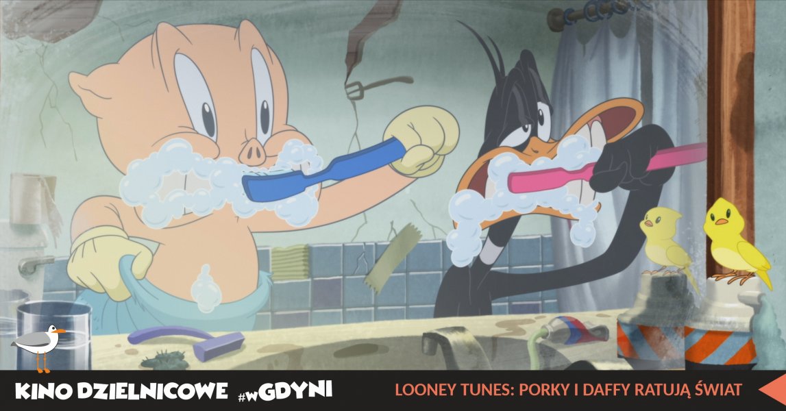 Kadr z filmu „Looney Tunes: Porky i Daffy ratują świat”. Animowane postaci Daffy i Porky myją zęby przeglądając sie w lustrze.