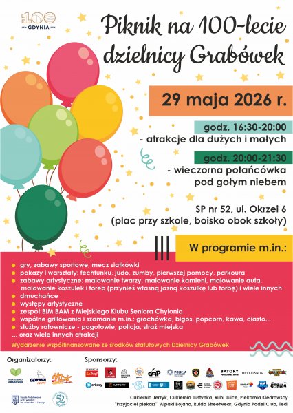 Kolorowe balony reklamujące piknik na Grabówku.