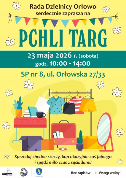Plakat z graficznym przedstawieniem przedmiotów, które można kupić na pchlim targu