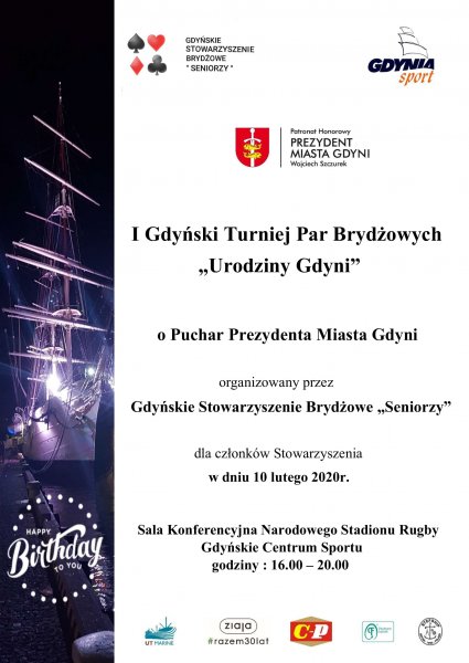 I Gdyński Turniej Par Brydżowych 10.02.2020