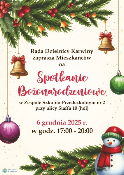 Świateczny plakat promujący Spotkanie Bożonarodzeniowe na Karwinach.