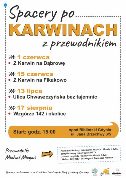 Plakat promujacy spacery po Karwinach z przewodnikiem.