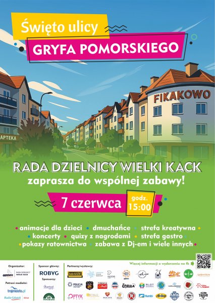 Plakat z rysunkiem ulicy Gryfa Pomorskiego w Gdyni, promujacy festyn.