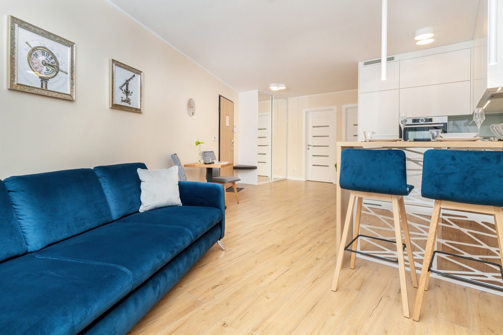 Apartament Żeromskiego 23a/13, widok na salon z aneksem kuchennym