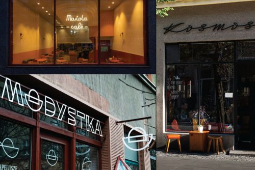 Trzy zdjęcia witryn w Gdyni - u góry po lewej przeszkola witryna CH Batory z neonem Mariola Cafe, niżej szklana witryna z szyldem Modystka, po prawej szary budynek i na elewacji metalowy szyld Kosmos