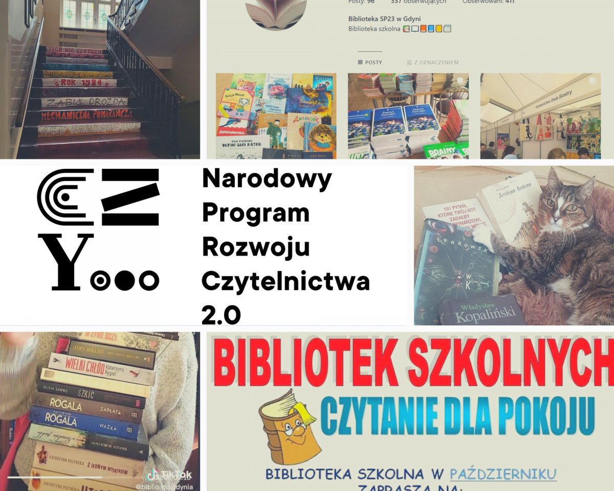 O nowościach książkowych i akcjach bibliotek, również tych zakupionych i prowadzonych w ramach Narodowego Programu Rozwoju Czytelnictwa 2.0, można dowiedzieć się z social mediów szkolnych bibliotek i samych szkół // kolaż zdjęć z social mediów bibliotek II LO, VLO oraz SP23