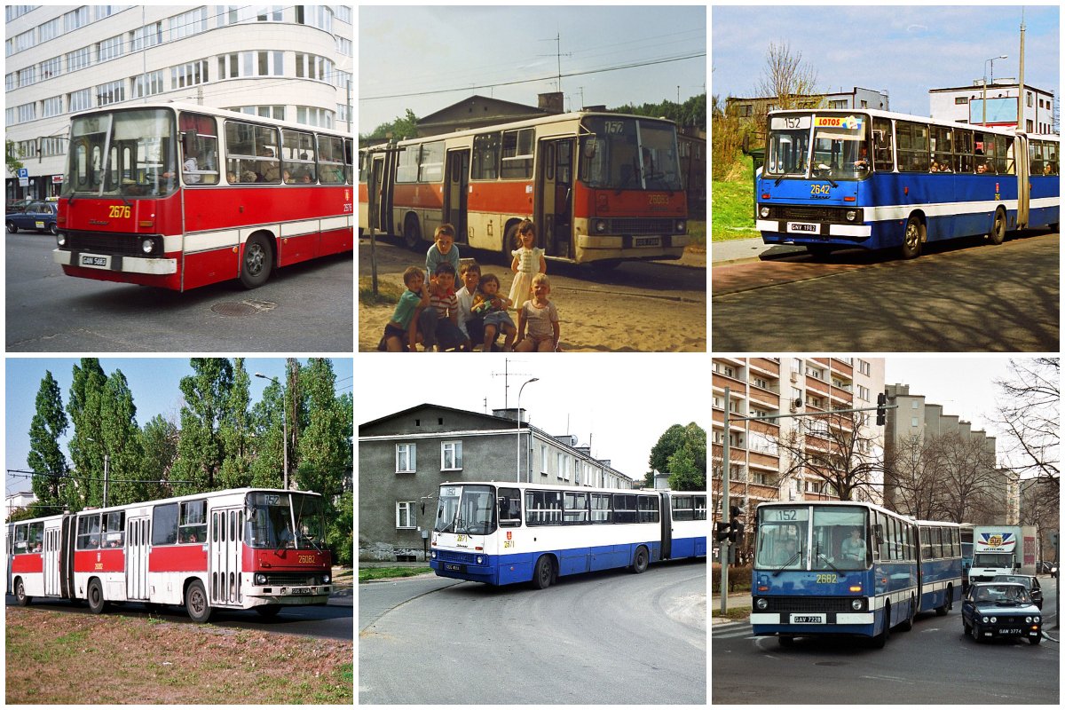 kolaż zdjęć archiwalnych ukazujących autobus linii 152 (w kolorze biało-czerwonym i biało-niebieskim) w różnych dzielnicach Gdyni, na środkowym zdjęciu przed autobusem siedzi grupka uśmiechniętych dzieci