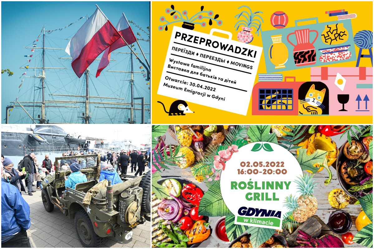 Na zdjęciach od góry: polskie flagi powiewające na wietrze, grafika wystawy