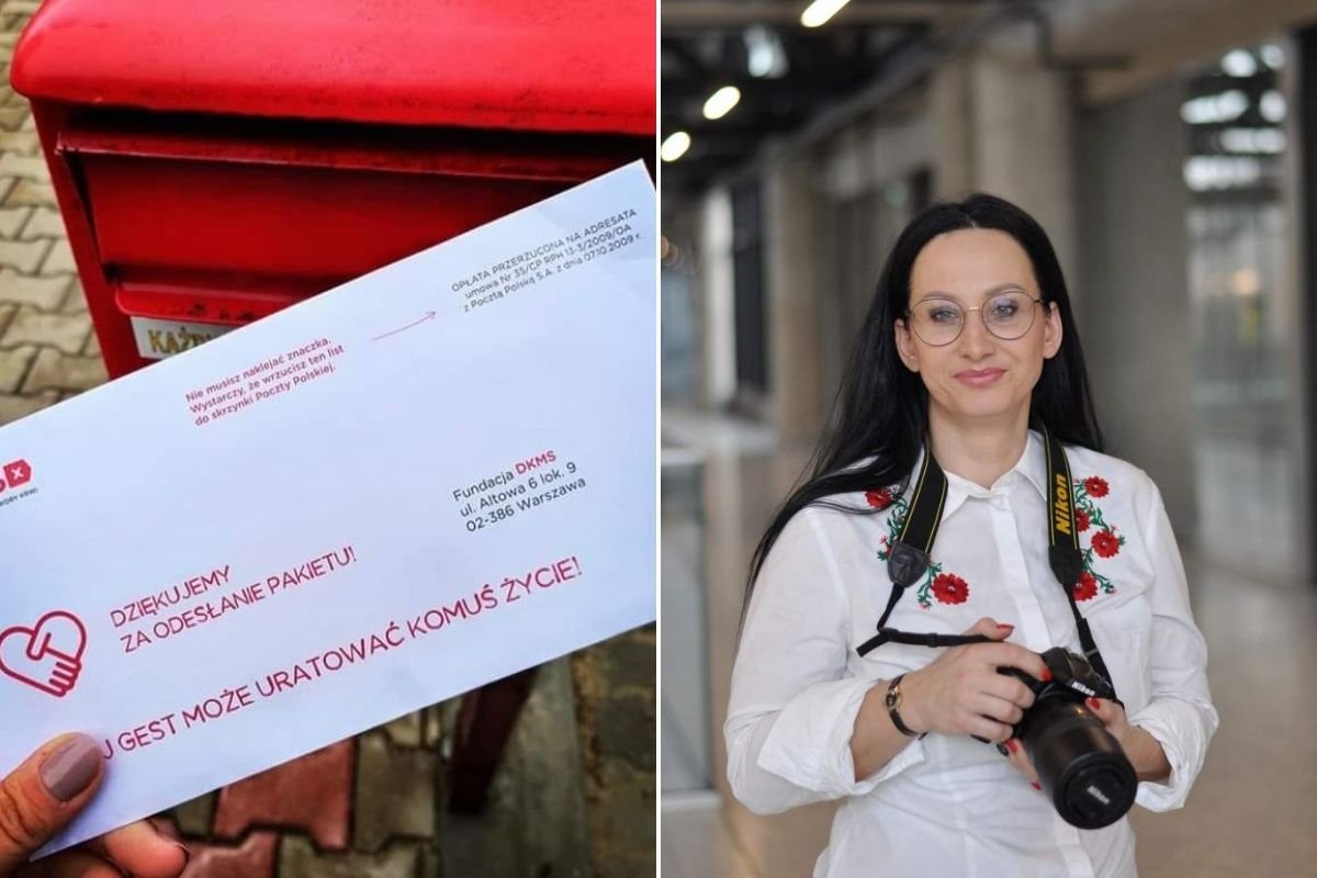 Po prawej stronie ratowniczka Olga Łakomska z aparatem fotograficznym. Po lewej stronie koperta zaadresowana na Fundację DKMS