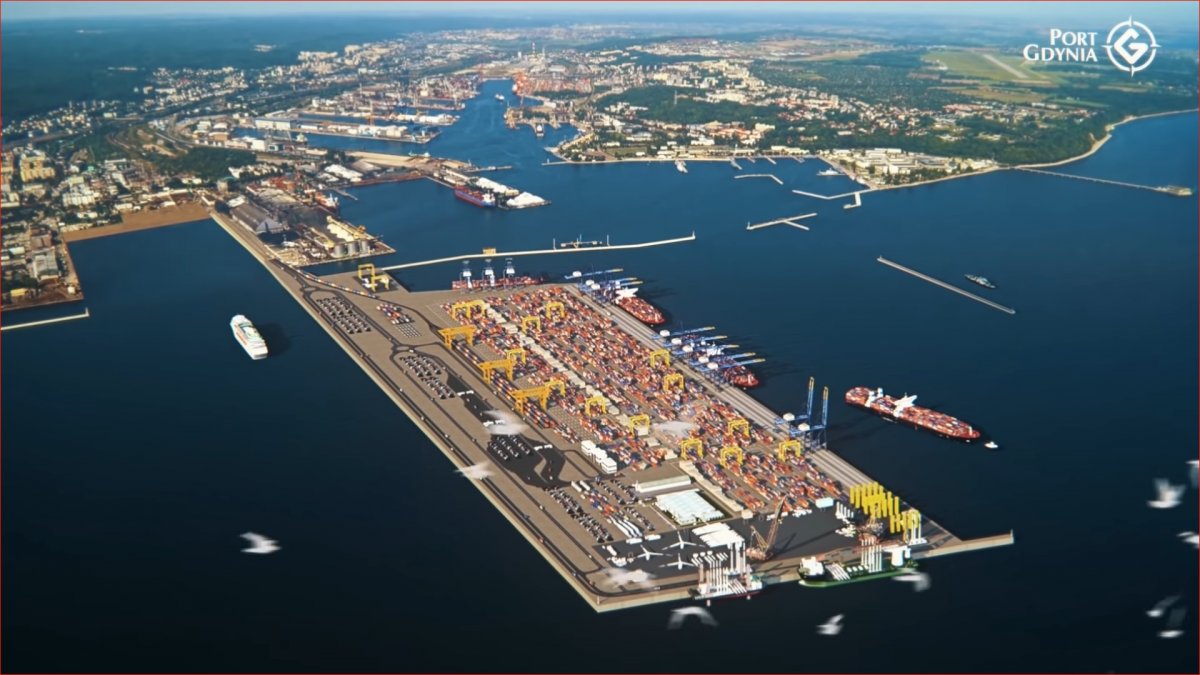 Trójwymiarowa wizualizacja Portu Zewnętrznego w Gdyni. Nałożona na lotnicze zdjęcie portu w Gdyni.