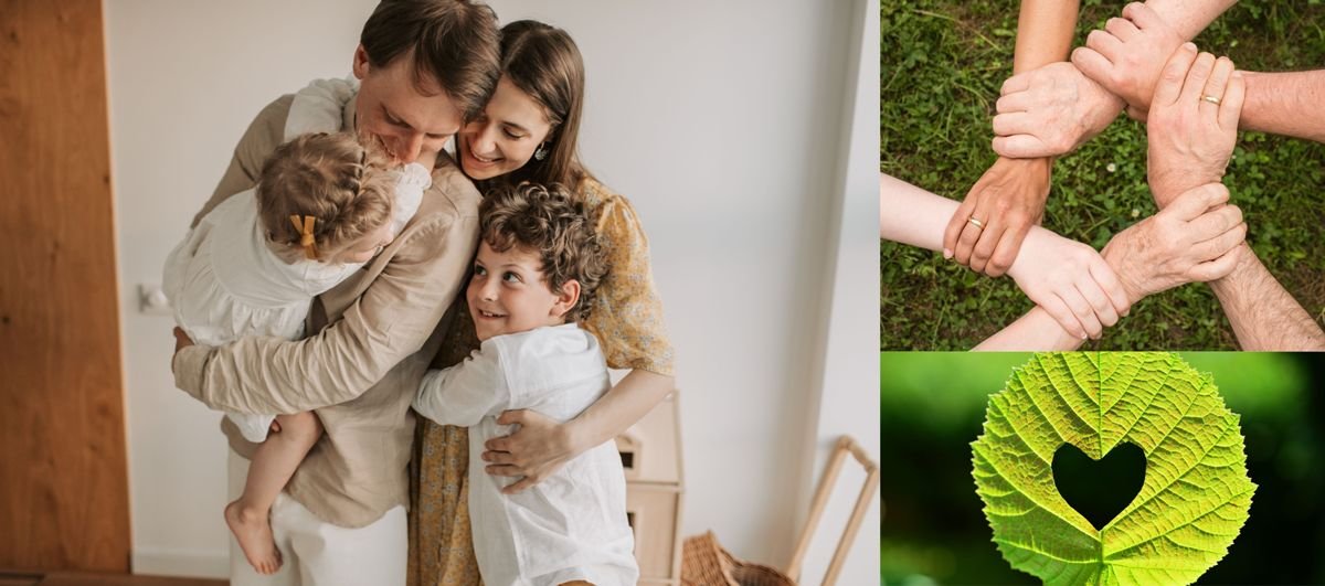 Trzy zdjęcia: na największym przytulają się rodzice z dziećmi, na mniejszym są splecone dłonie, na najmniejszym wycięte w zielonym listku lipowym - serce.