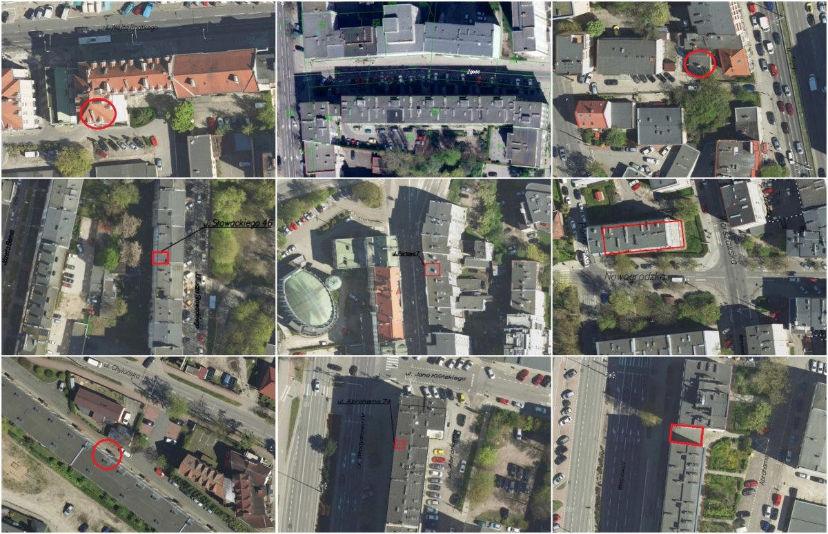 Kolaż z 9 fragmentów map lotniczych Gdyni z zaznaczonymi czerwonym obrysem lokalami na wynajem. Ulice, budynki, nazwy ulic