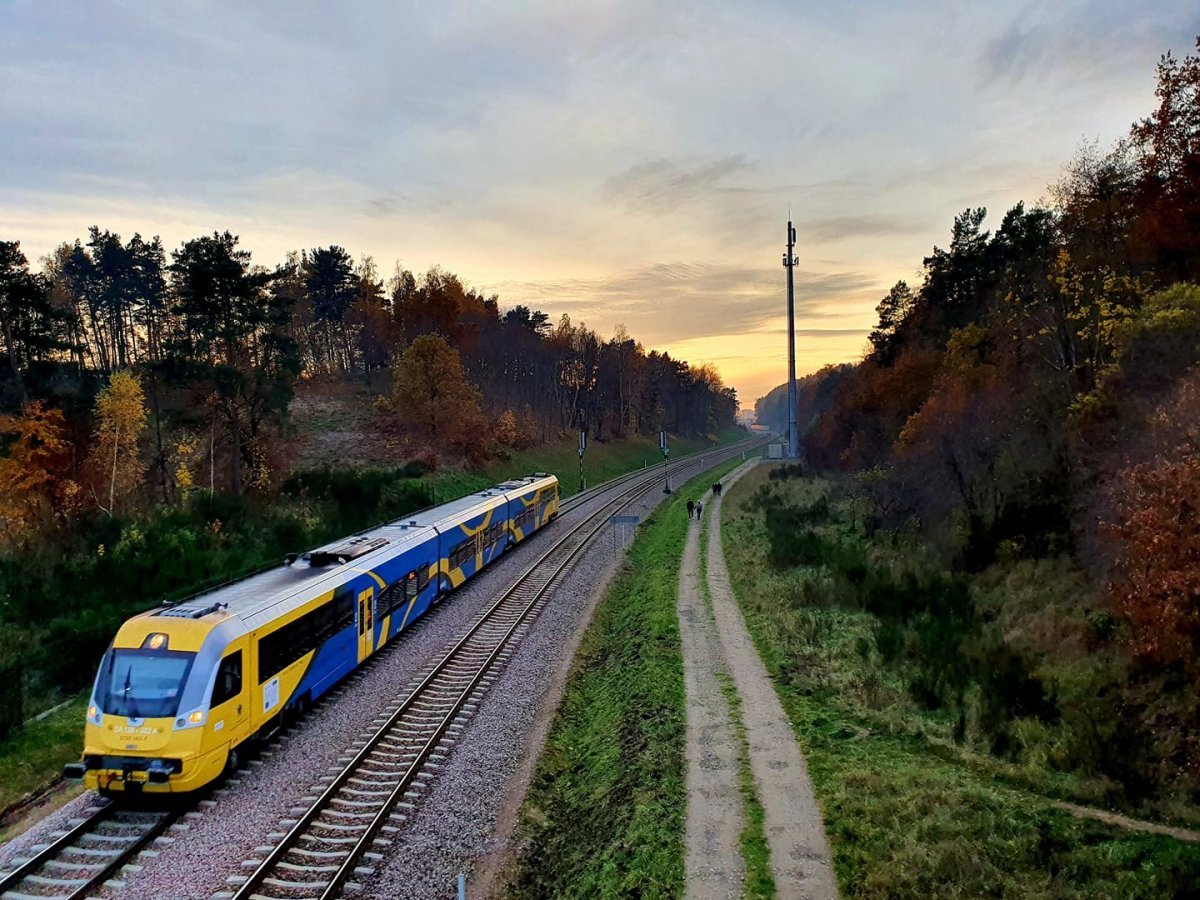 Na zdjęciu pociąg PKM w barwach żółto-niebieskich w otoczeniu lasów w jesiennej szacie. Po środku kadru linia torów kolejowych. W tle niebo w kolorach zachodu słonca.
