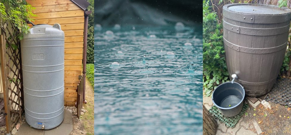 Obraz składa się z trzech połączonych zdjęć. Pierwsze przedstawia duży, naziemny zbiornik na wodę deszczową. Drugie zdjęcie przedstawia powierzchnię wody i spadające na nie krople deszczu. Trzecie przedstawia zbiornik naziemny do zbierania wody deszczowej w formie beczki.