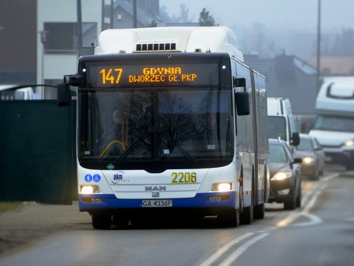 Ulicą jedzie biało-niebieski autobus przegubowy. Na wyświetlaczu numer 147 oraz napis 