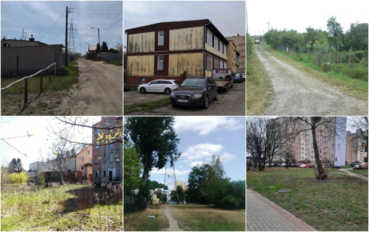 Kolaż zdjęć sześciu działek w Gdyni na sprzedaż: widoczne drogi, ogrodzenia, budynki, nieużytki, samochody.